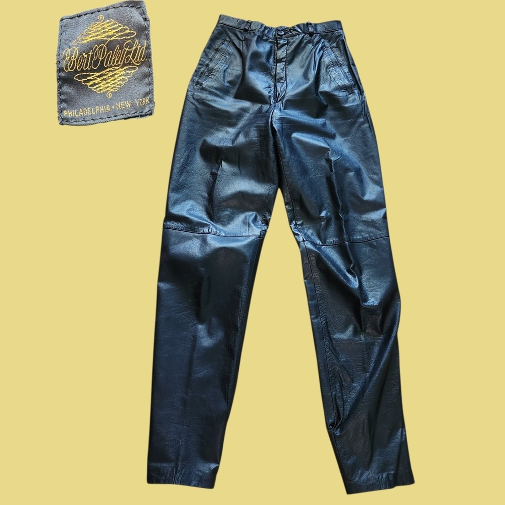 Vtg 80s High Waisted Black Leather Tapered Trousers Pants Pleated 26" Waist